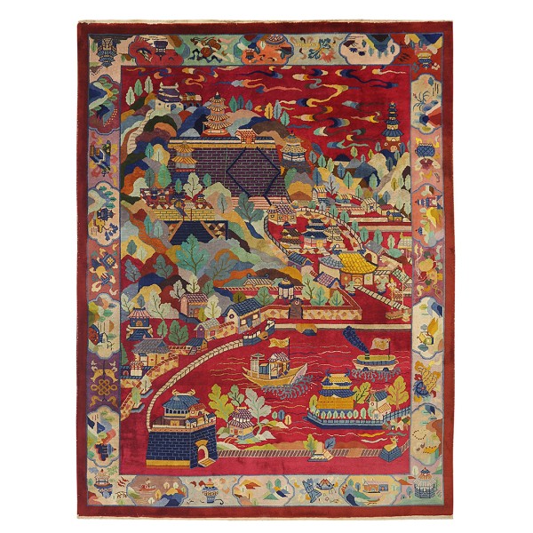 1920s Scenic Chinese Art Deco Carpet by Nichols Workshop