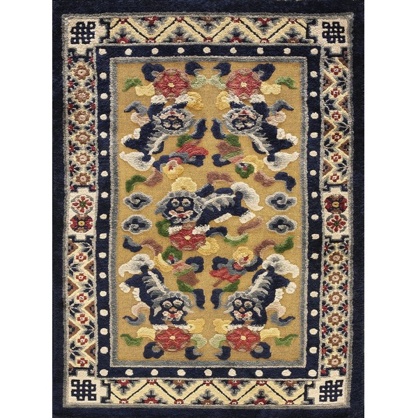 Early 20th Century Chinese Silk & Metallic Thread Foo Dog Rug