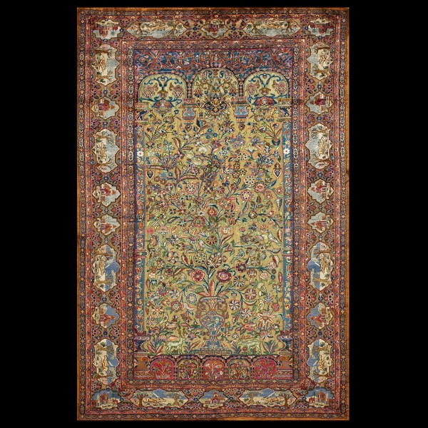 Early 20th Century Silk & Metallic Thread Persian Kashan Meditation Carpet